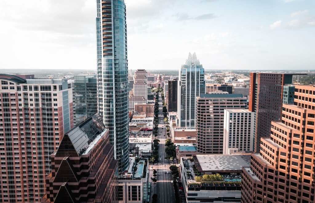 Office buildings stretch into the sky in downtown Austin
