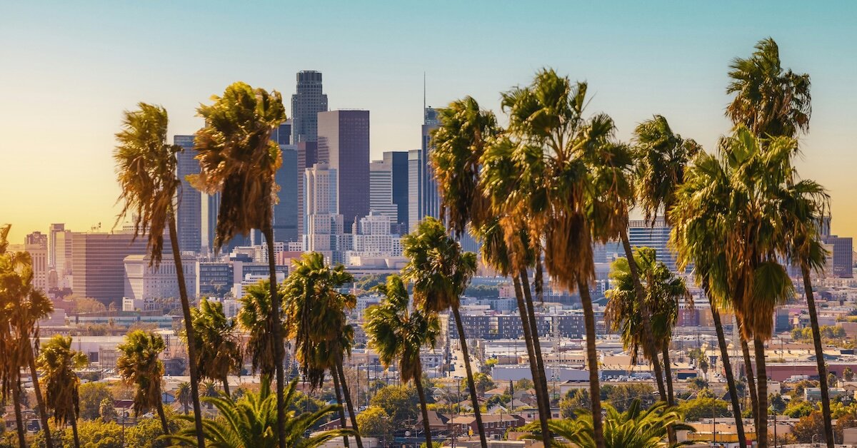 The city of Los Angeles' downtown buildings with many palm trees in the foreground