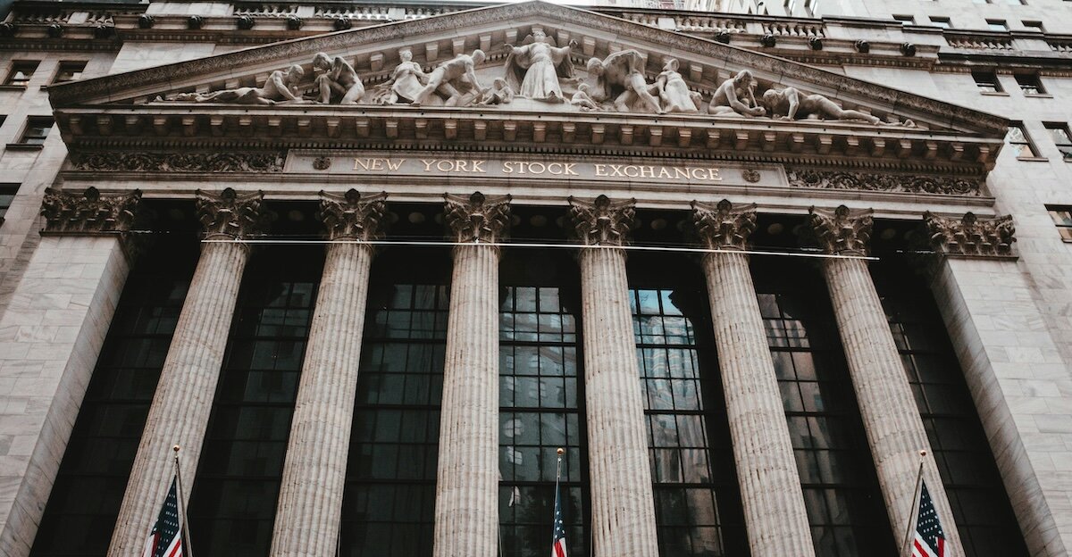 The outside pillars and facade of the New York Stock Exchange building