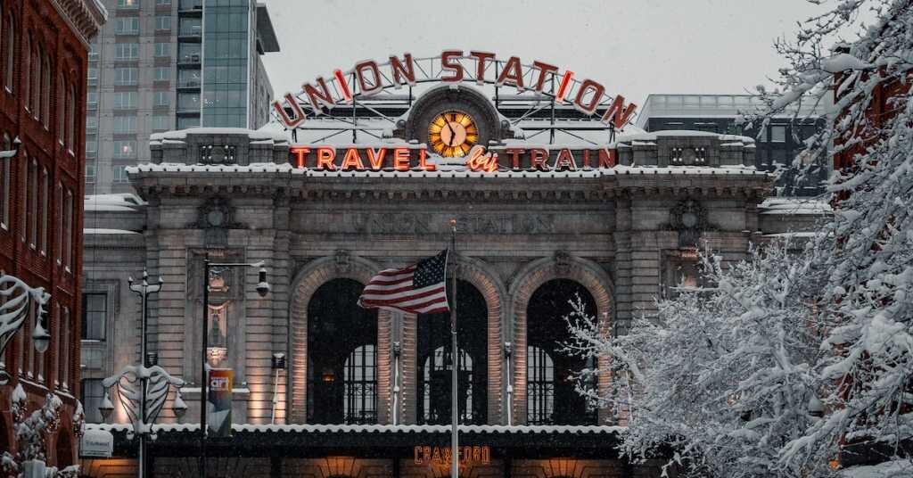 The front of Denver's Union Station in winter in Denver