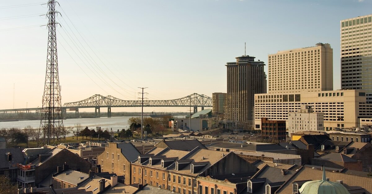 A city's downtown center lies next to a river