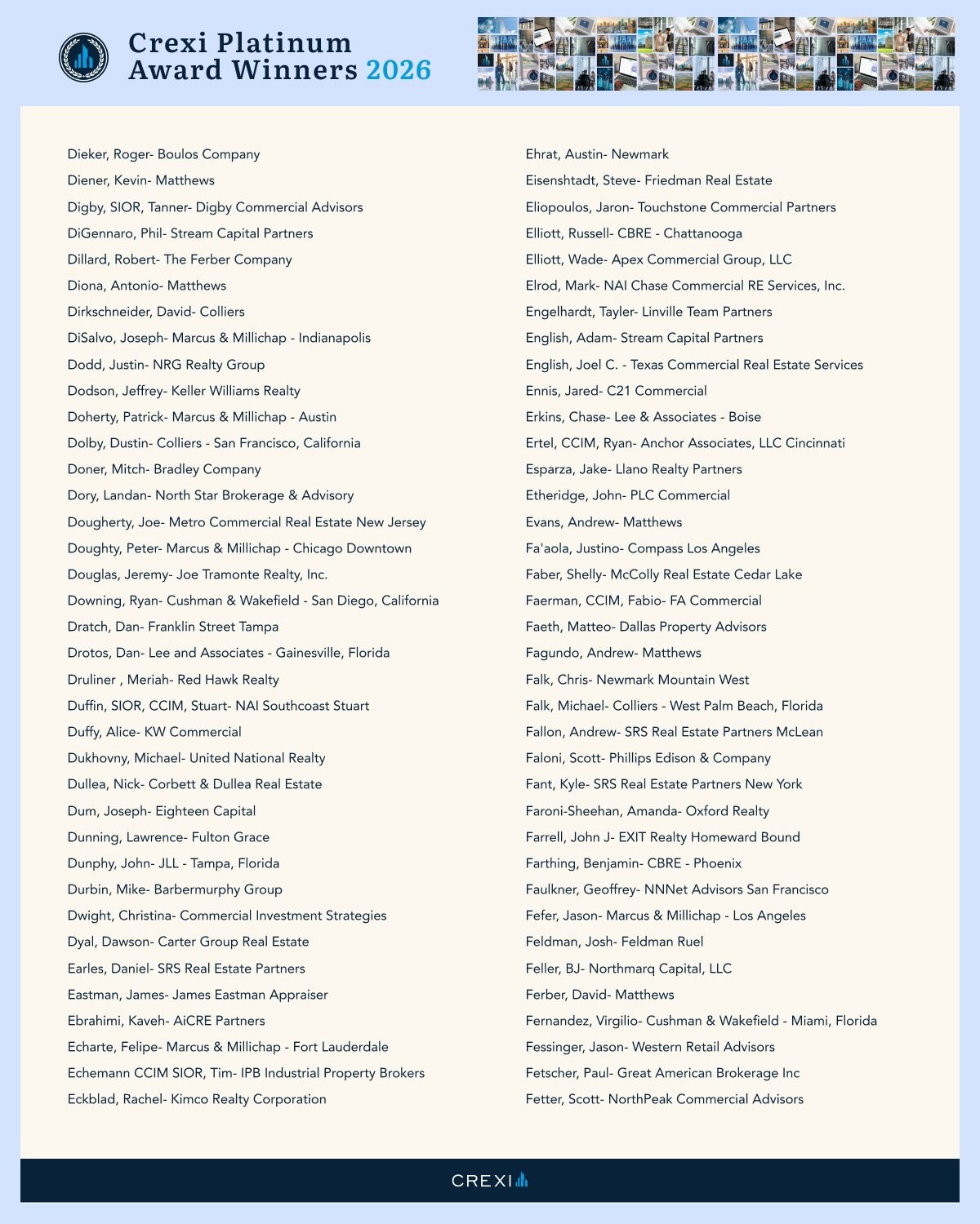 List of Crexi Platinum Award Winners for 2026