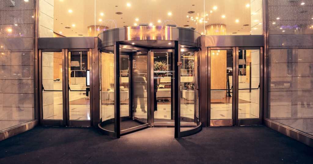 rotating door entrance into a hotel