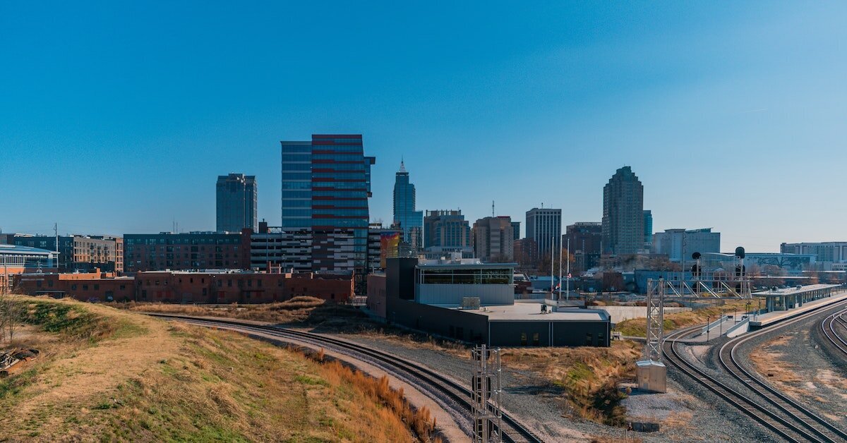 Raleigh as seen from an out-of-city freeway pass and train tracks