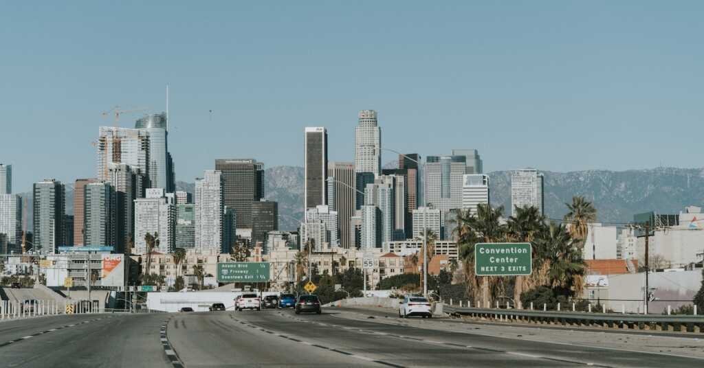 A view of downtown Los Angeles from the freeway south of the area
