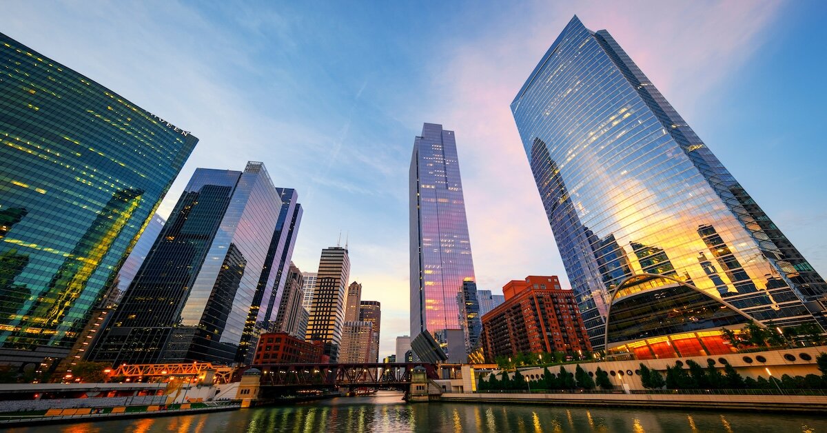 Chicago's retail property downtown center stands amidst tall buildings