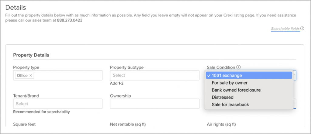 A screenshot of the new details section on Crexi's "Sale Condition" field when adding a new listing
