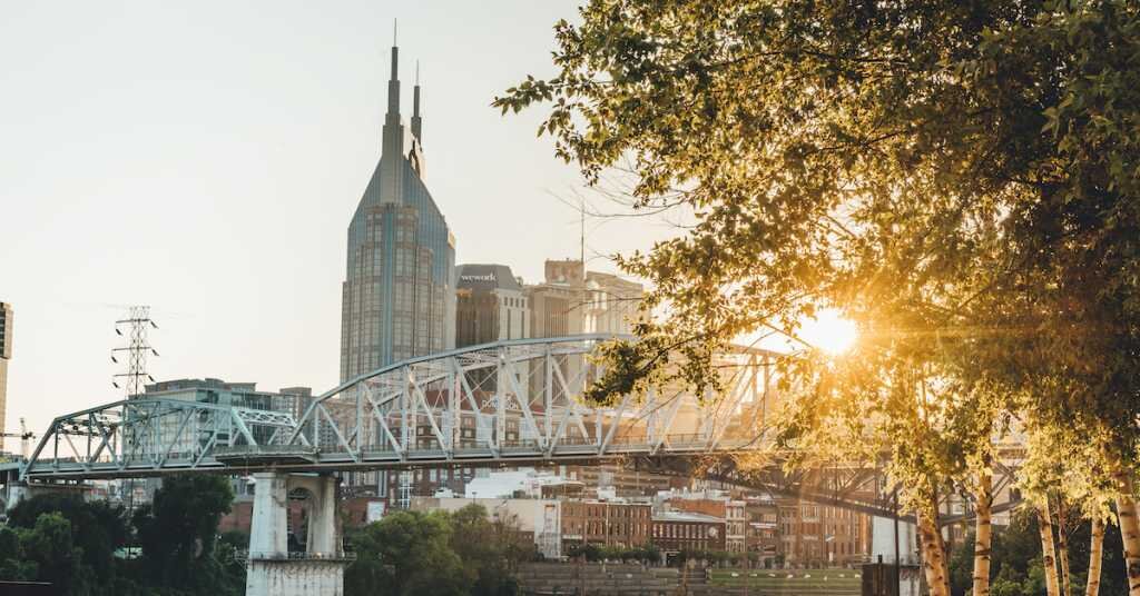 The city of Downtown Nashville as seen from across the bridge