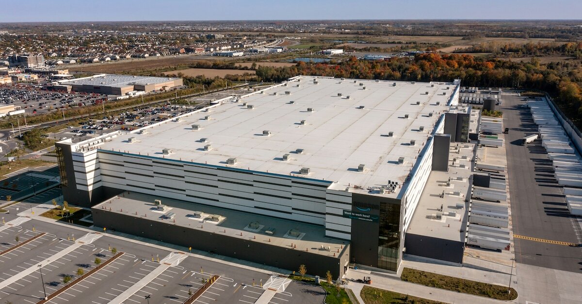 An amazon warehouse as seen from above