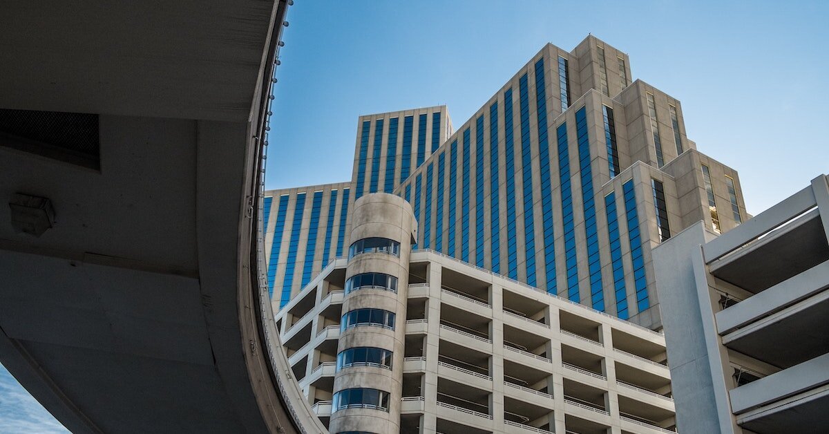 A view of downtown office buildings in Reno Nevada from a low angle