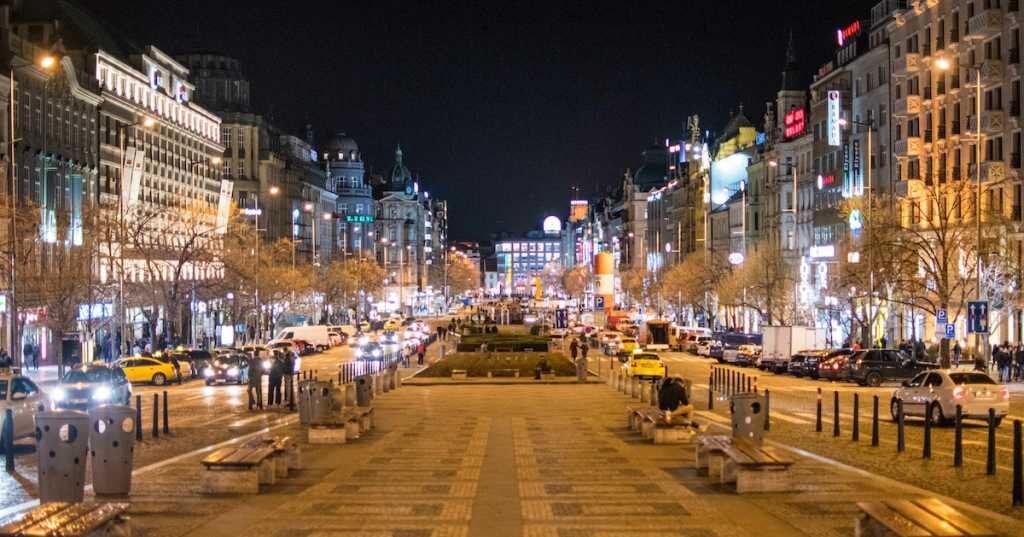 Pedestrian-friendly walkway in city center during night time