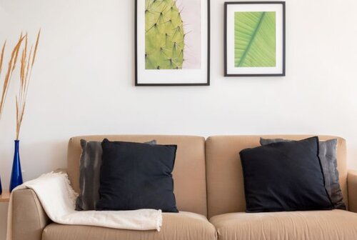 A brown couch with two cactus artworks hanging on the wall above it