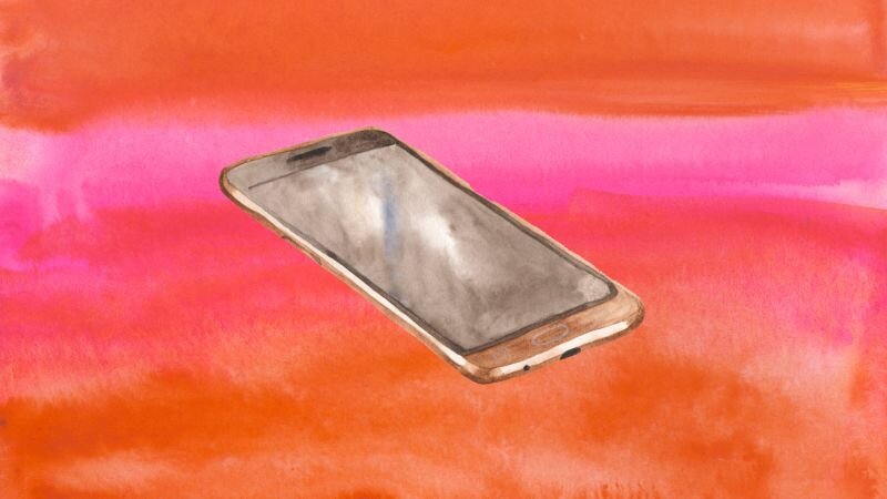 Illustration of a smart phone, on a red watercolor background.