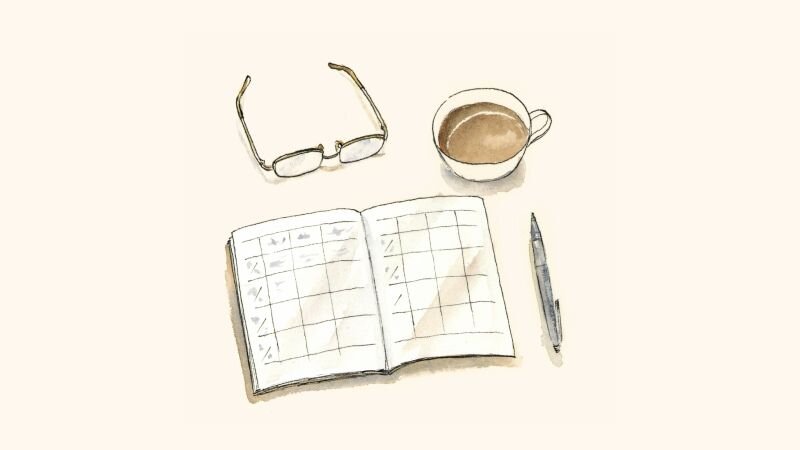 Illustration of a notebook, pen, eyeglasses, and coffee.