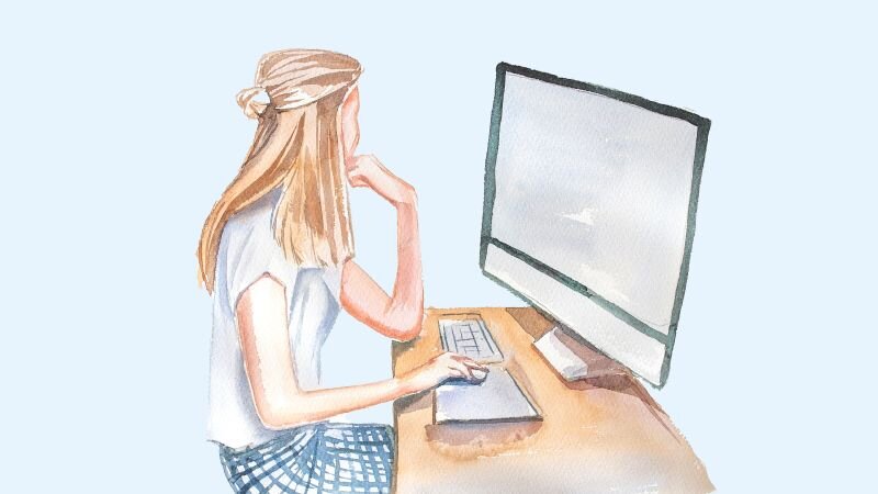 Illustration of a woman sitting at a desk, using EHR/EMR software on a computer.