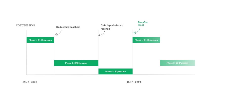 A chart displaying how session costs naturally change, usually decreasing at first, but increasing once per year, based on your insurance plan.