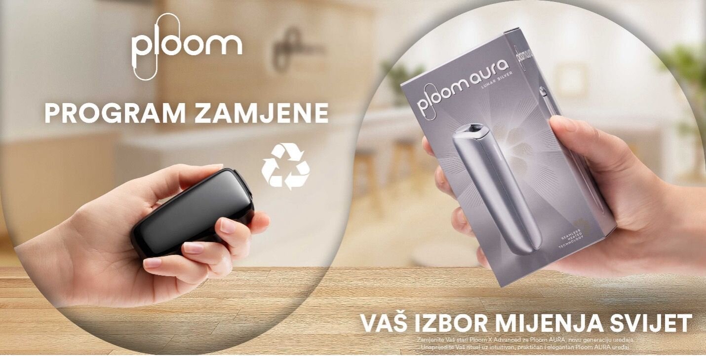 Crni Ploom uređaj sa svjetlosnom linijom u sredini na pozadini plave, eksplozivne apstrakcije.