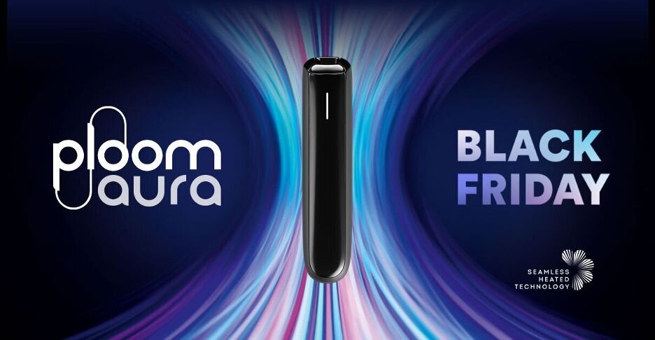 Black Ploom Aura device with dynamic blue light effects in the background.