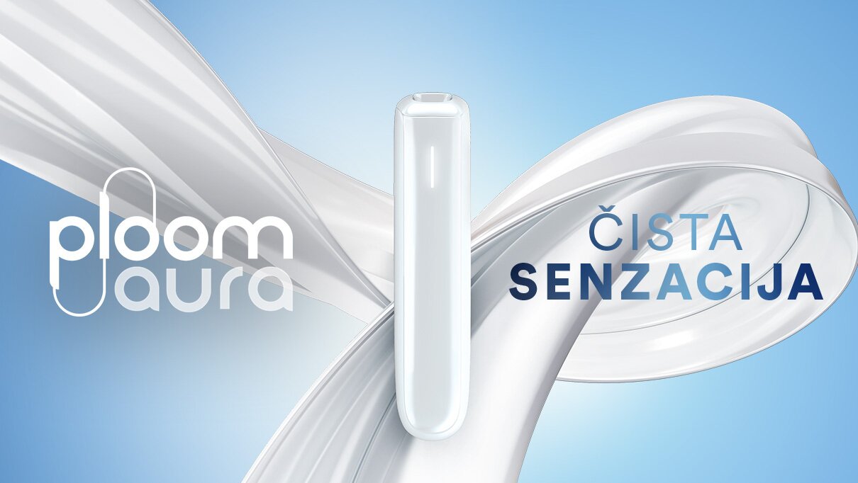 Ploom AURA Glacier White uređaj na čistoj pozadini sa natpisom sa desne strane "Čista senzacija""