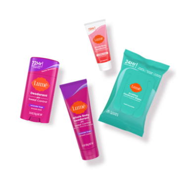 Lume Solid Stick Deodorant, Cream Tube Deodorant and two gift boxes on a pink and orange background with sparkling stars