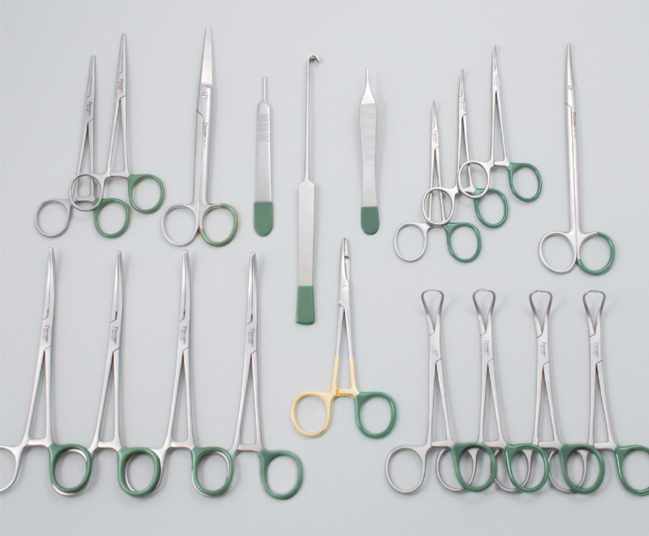 Range of surgical tools with green colour coding