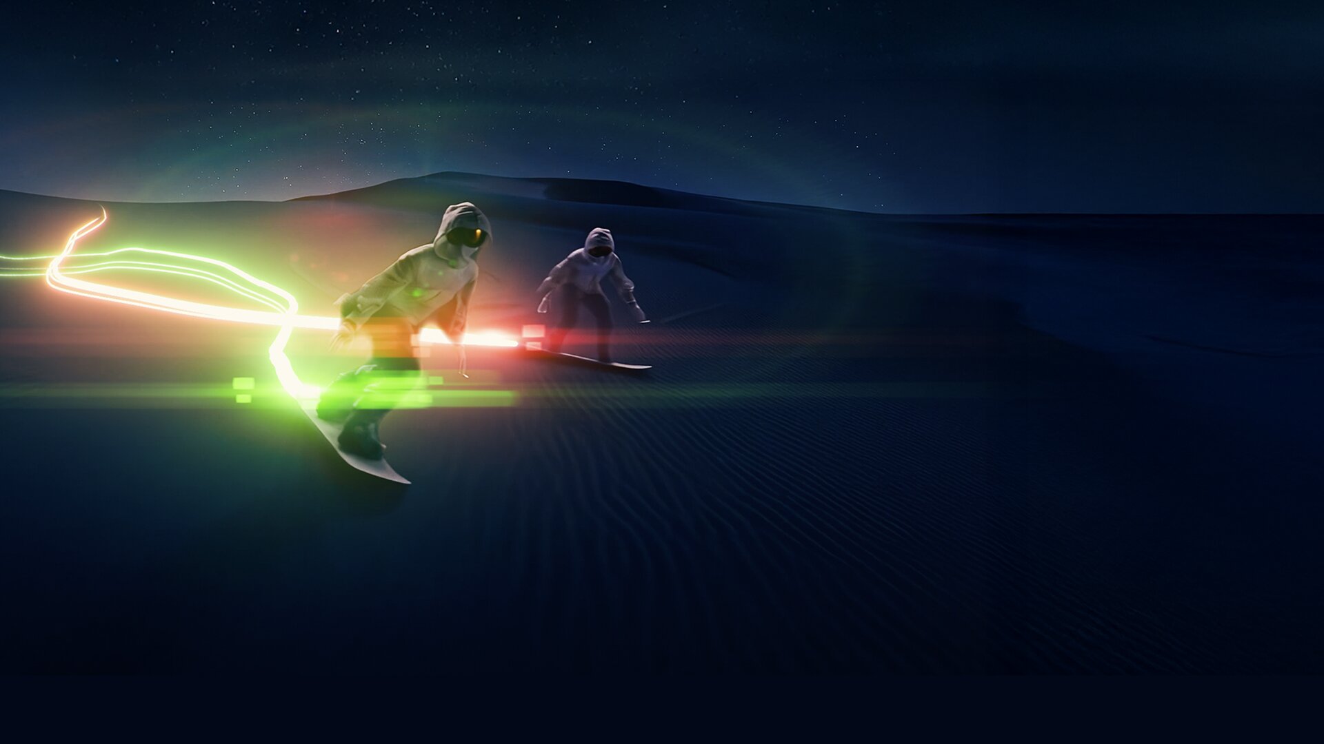 Snowboarders trailing green and red light on the slopes.