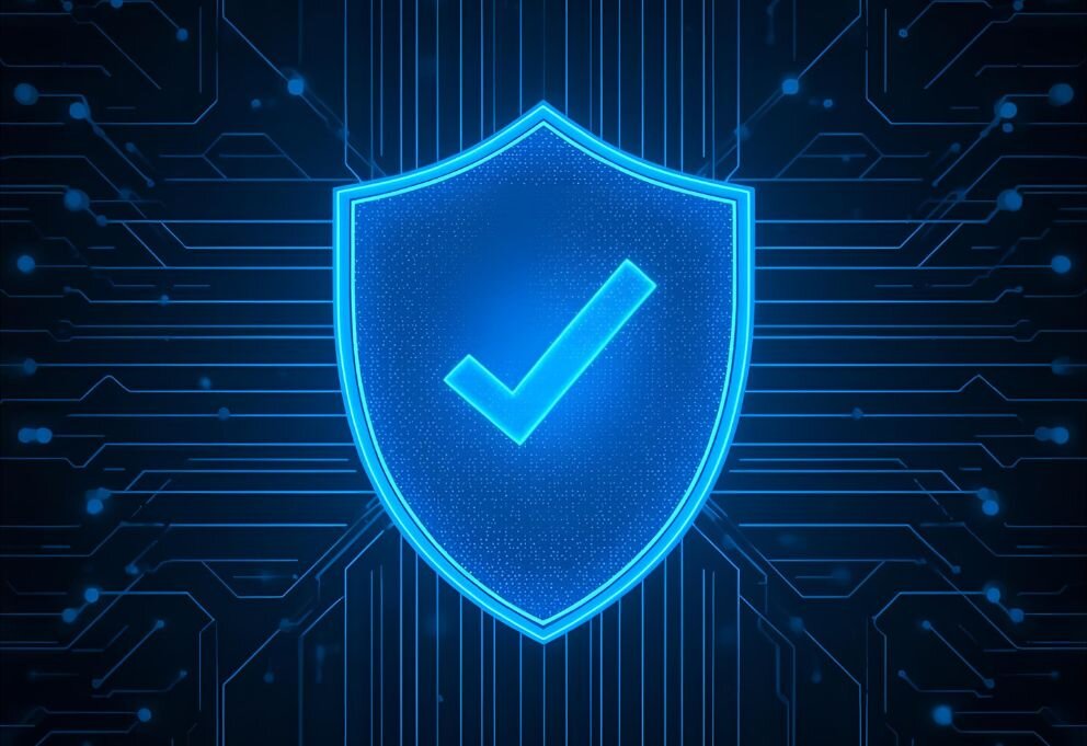 blue digital shield with checkmark symbol