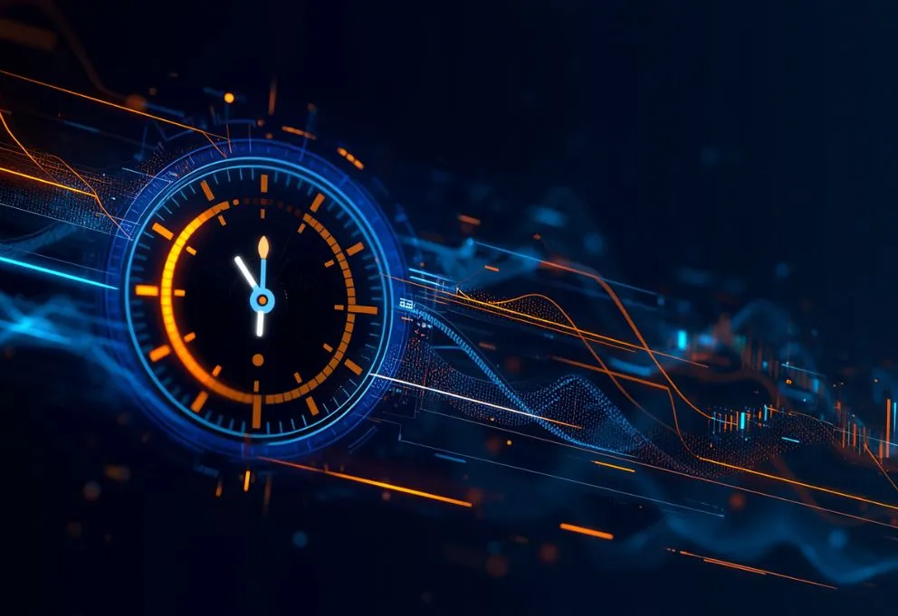 orange and blue neon clock against a dark blue background