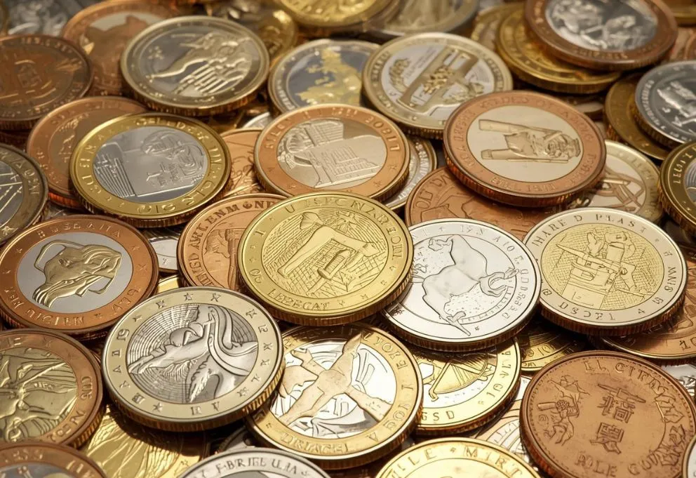 Pile of coins used in global currencies