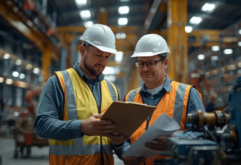 Two male US construction workers in a factory looking at a clipboard