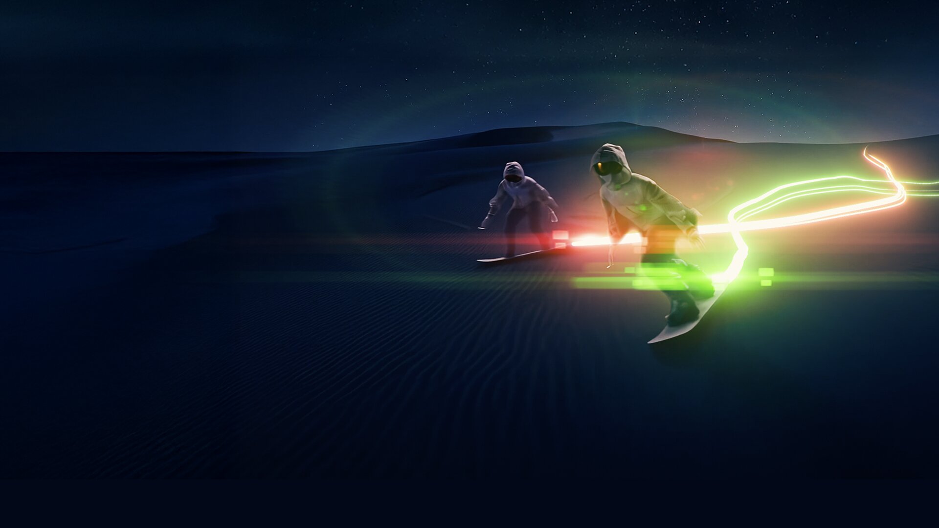 Snowboarders trailing green and red light on the slopes.
