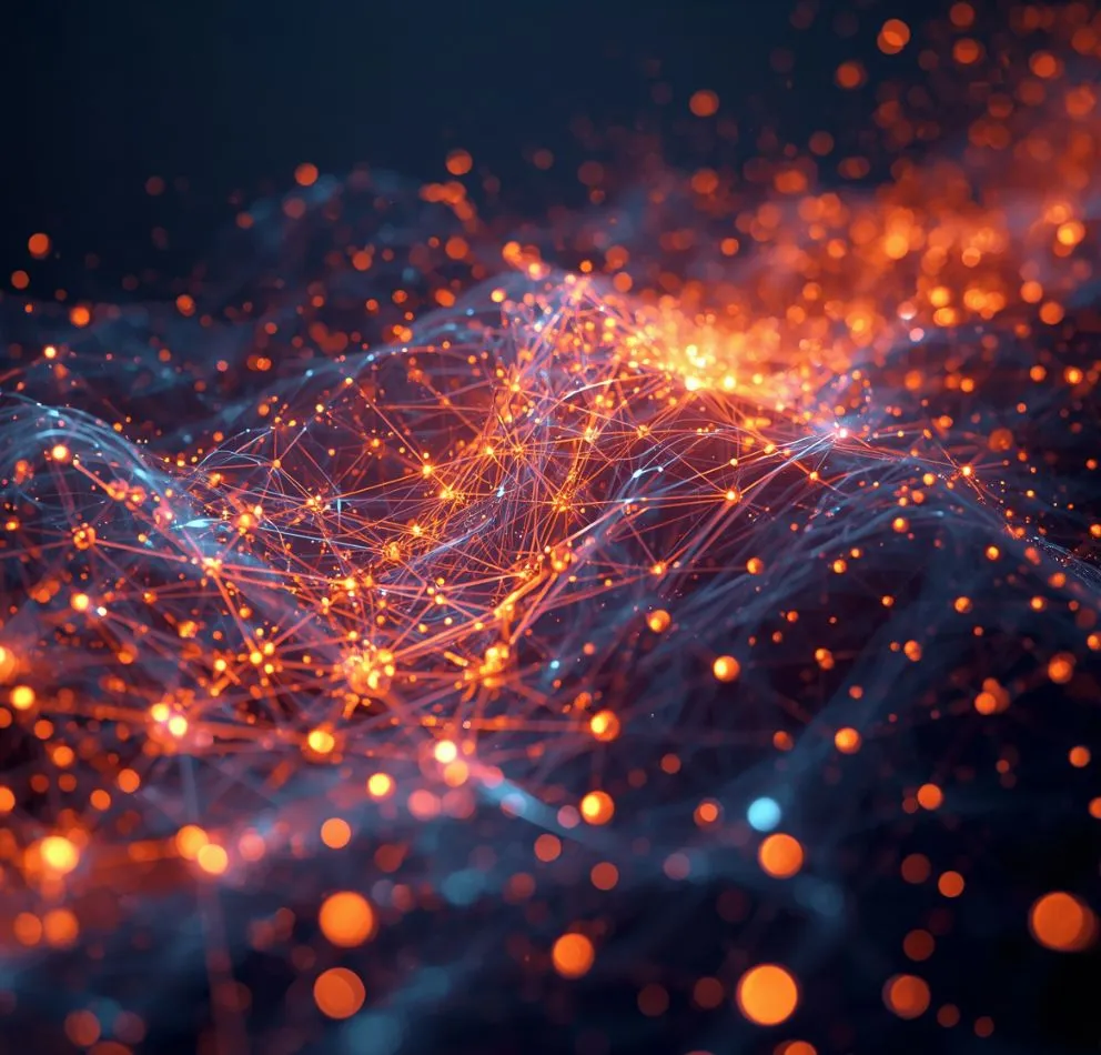 dense network of glowing orange nodes with sharp spikes and turbulent wave distortions