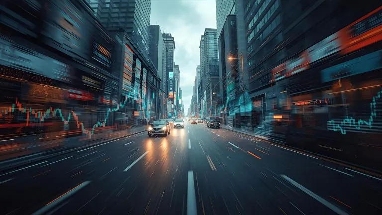 busy street in new york with blur and trading charts