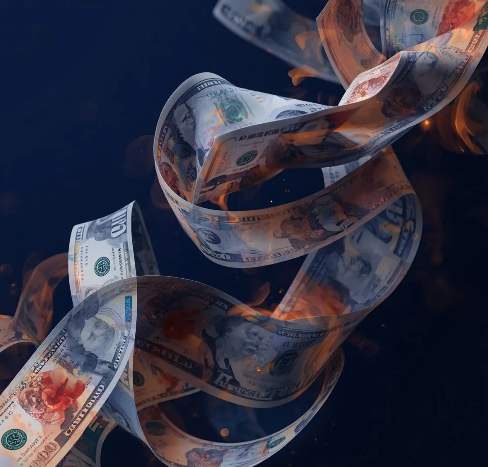 dollar bills floating in a dark background