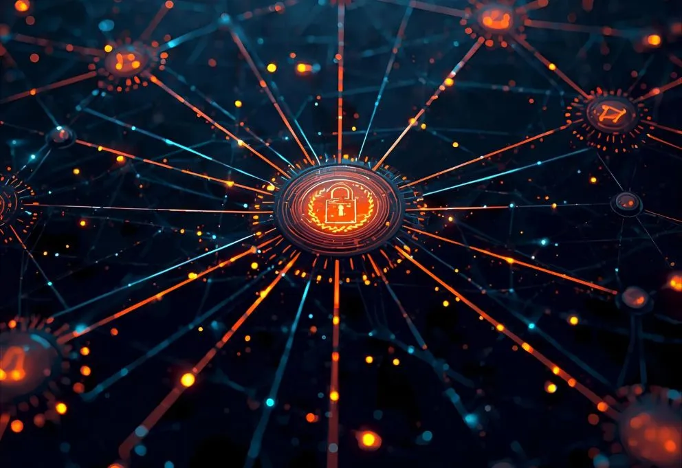 orange padlock symbol with orange spokes spreading from centre