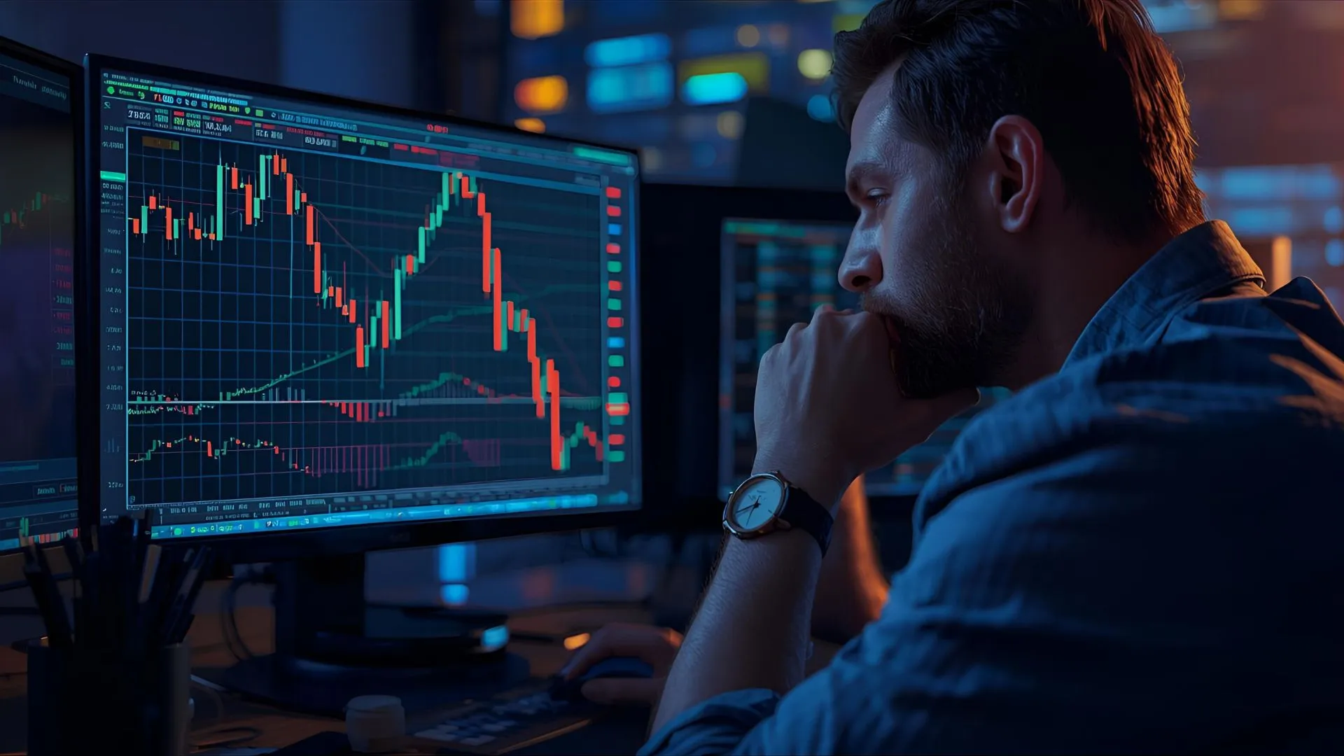 Trader looking at PC with candlestick charts on screen