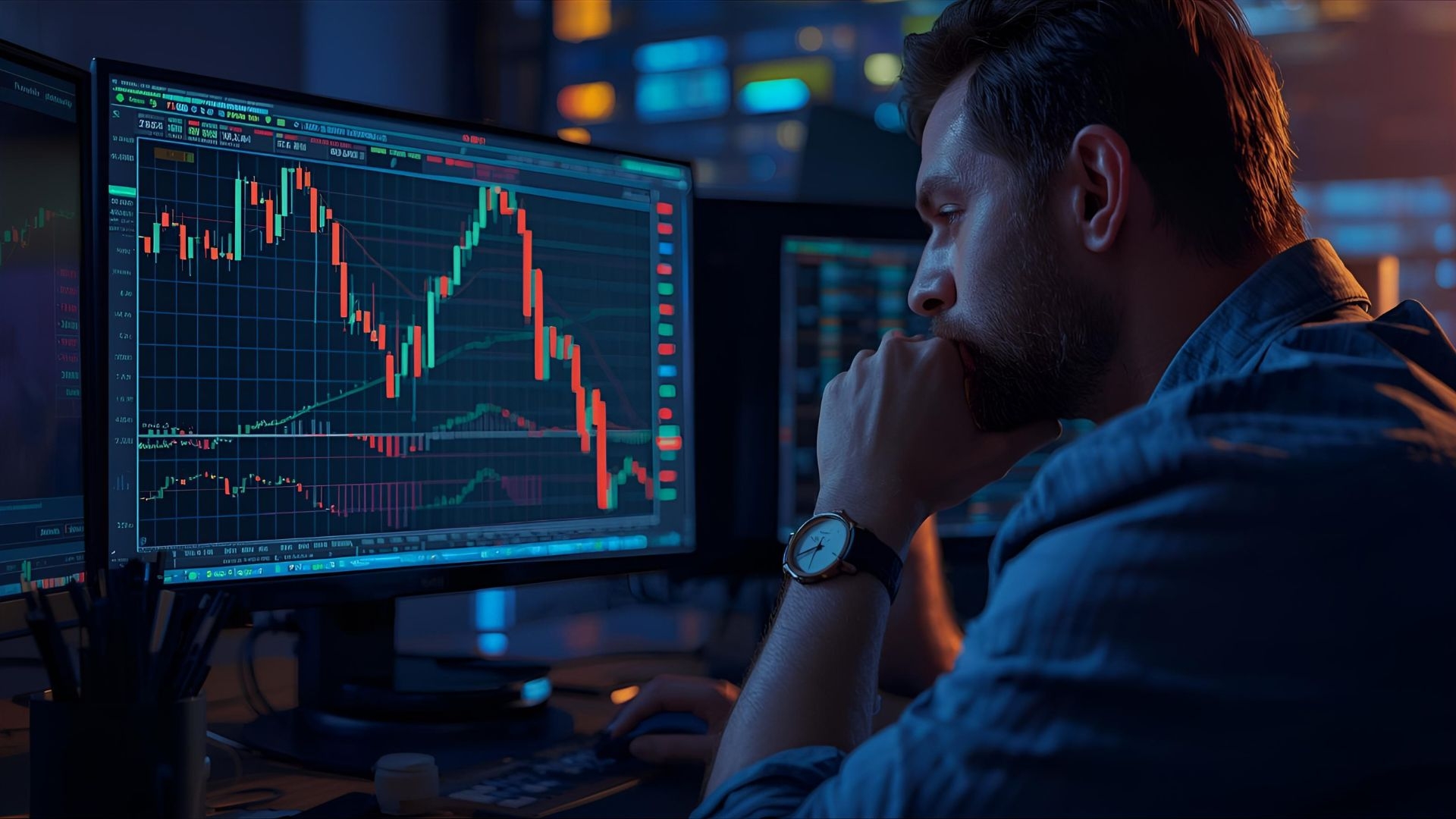 交易員盯著電腦螢幕上的K線圖