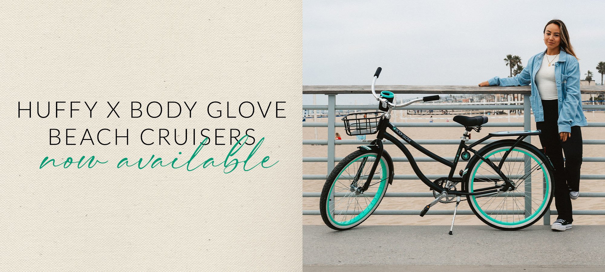 Huffy x Body Glove Beach Cruisers - now available - bike on a pier with a basket