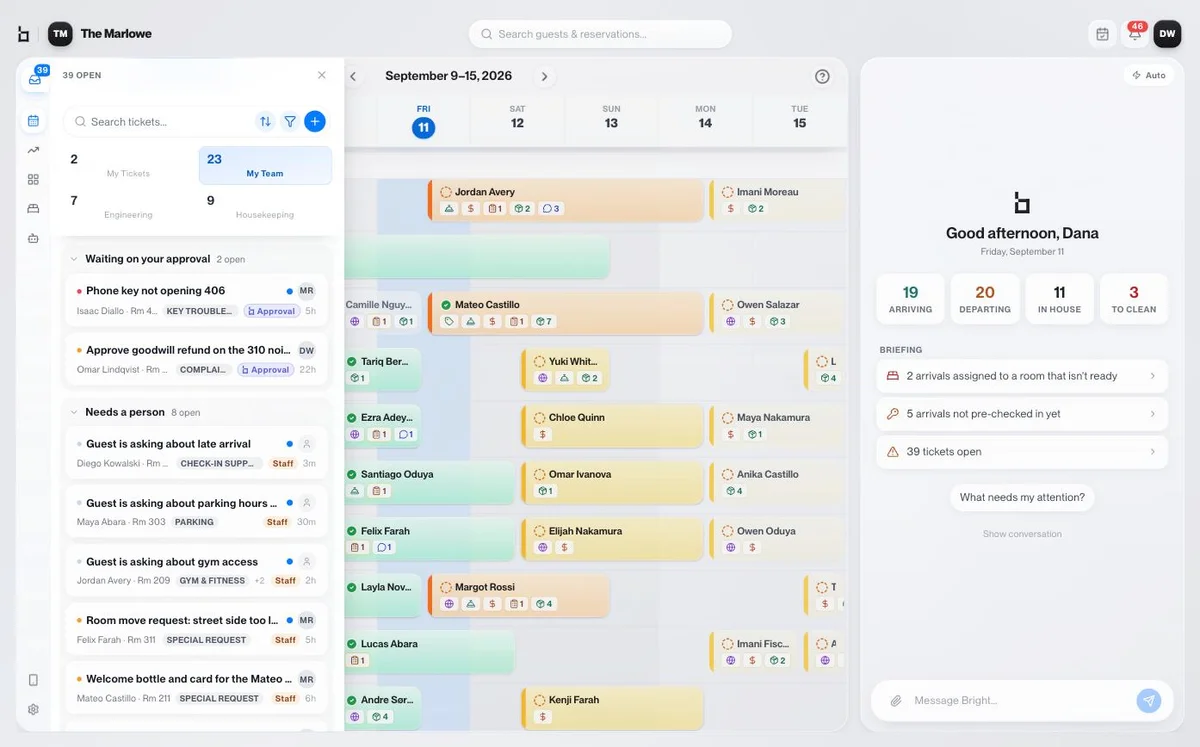 BrightOS work inbox organized by approval, owner and department