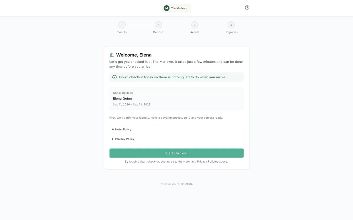 BrightOS digital check-in with identity and deposit steps