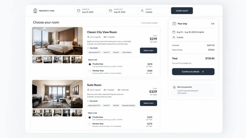 Bright Booking room selection and checkout interface