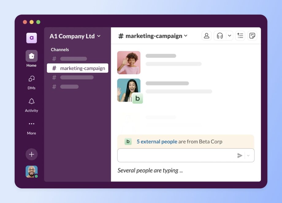 Screenshot of a Slack messaging platform with purple sidebar theme showing a marketing campaign channel for A1 Company Ltd. The interface displays message threads with profile pictures of team members and indicates 5 external people from Beta Corp are participating.