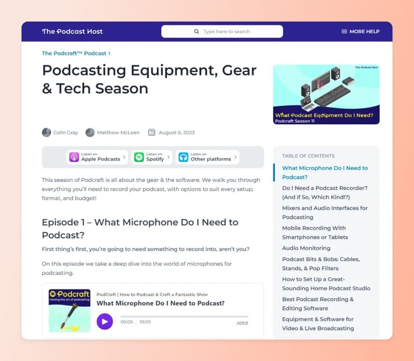 Screenshot of The Podcast Host community showing a podcast episode page titled 'Podcasting Equipment, Gear & Tech Season' with embedded audio player, table of contents sidebar, and listen links for Apple Podcasts, Spotify, and other platforms.