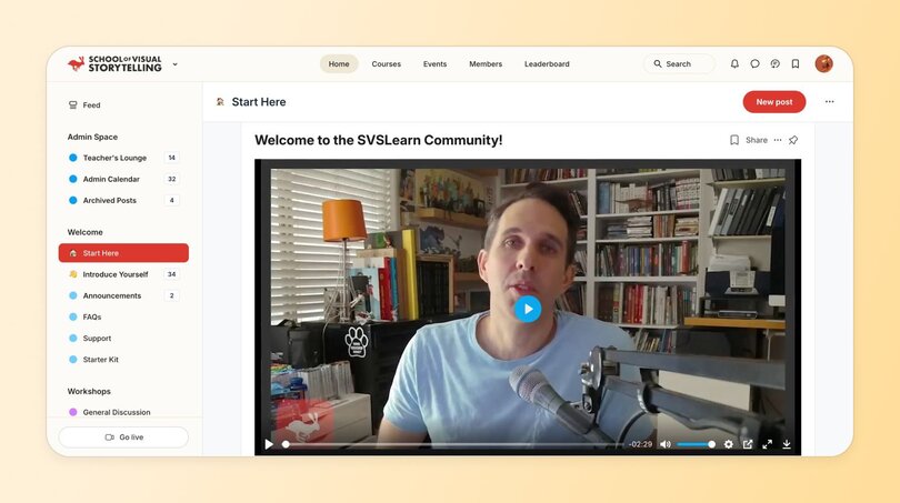 SVSLearn community platform welcome page with video player showing instructor in home studio