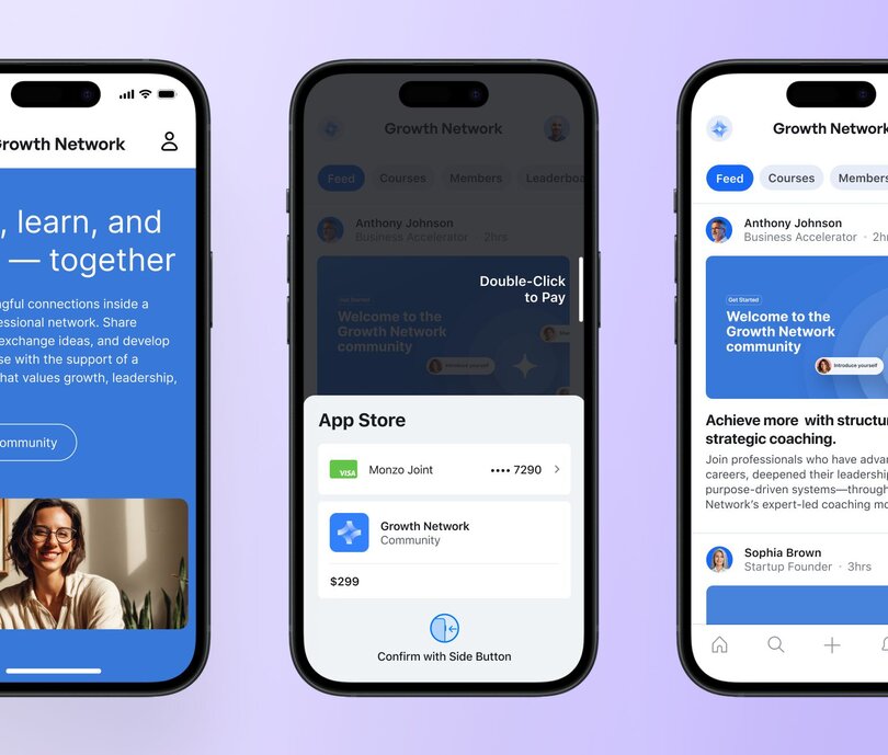 Three mobile phone screens showing a community app interface with social feed, payment screen ($299 membership), and welcome message for Growth Network community.