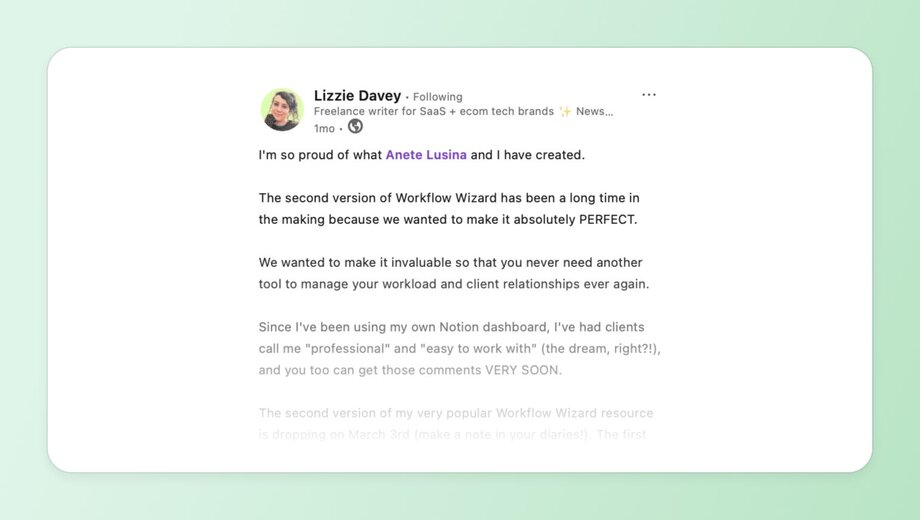 LinkedIn post by Lizzie Davey announcing the launch of "Workflow Wizard" version 2, describing it as a comprehensive tool for managing workload and client relationships, with testimonials about professionalism