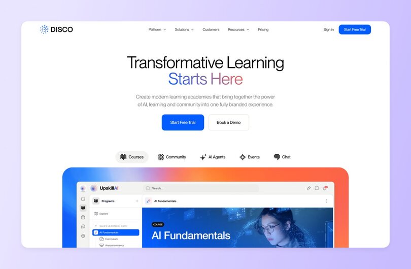 Disco platform homepage with headline "Transformative learning starts here". Describes learning academies with AI and community, with demonstration of platform interface.