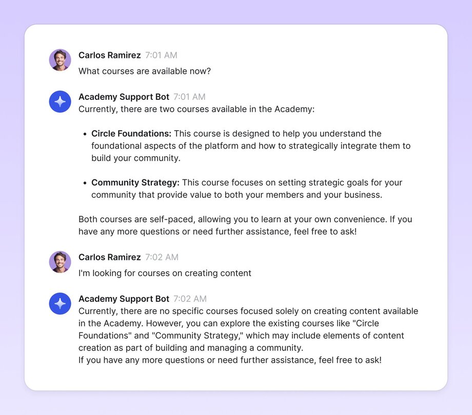 Conversation between Carlos Ramirez and an Academy Support Bot discussing available courses. The bot explains that Circle Foundations and Community Strategy courses are available, and later clarifies there are no specific content creation courses currently offered.