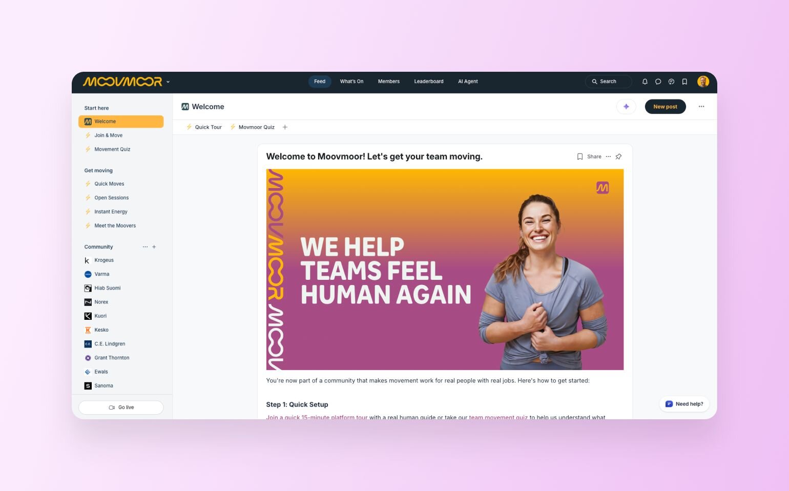 Moovmoor member community dashboard with "Welcome to Moovmoor! Let's get your team moving" banner featuring smiling woman in fitness attire against orange-purple gradient. Sidebar shows navigation including community spaces like "Get moving," "Meet the Moovers," and individual member/company listings. Main content begins onboarding with "Step 1: Quick Setup" instructions.