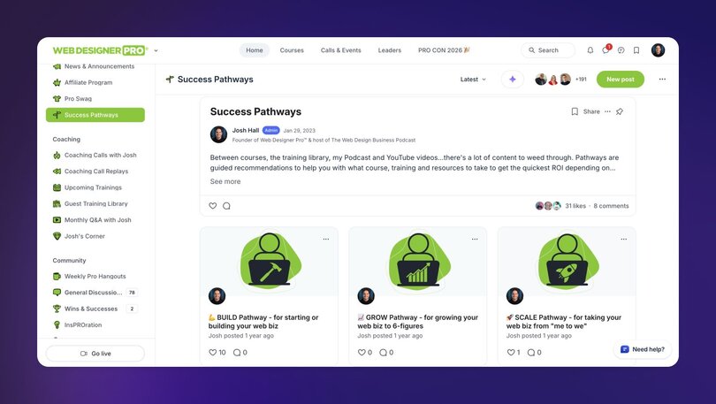  Screenshot of the Web Designer Pro community on Circle showing the Success Pathways space with three pathway cards: BUILD Pathway for starting a web business, GROW Pathway for reaching 6-figures, and SCALE Pathway for expanding from solo to team.